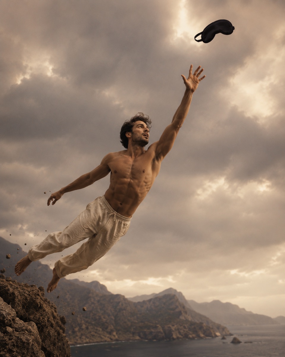Man leaping from a cliff, reaching upward for a flying eye mask